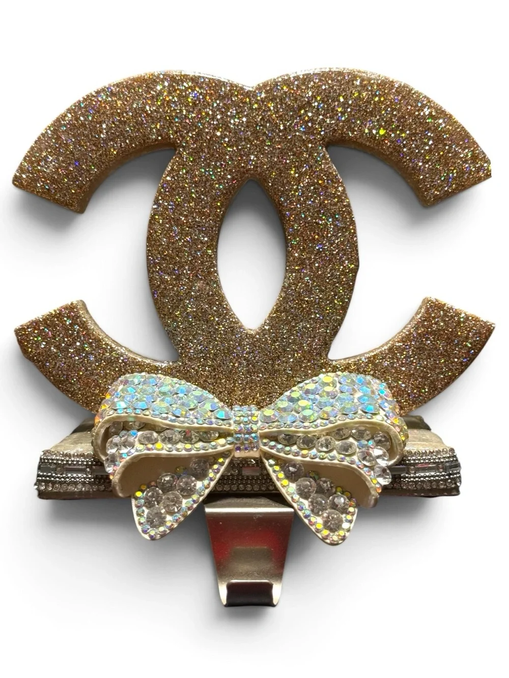 Glitter Rhinestone Bow Christmas Stocking Holder Glam Mantel Decor Handmade